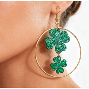 Glitter Shamrock Hoop Earrings – Green Clover Drop Earrings